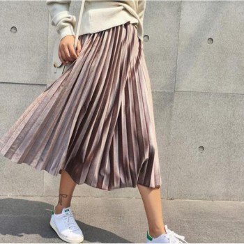 Danjeaner Spring 2019 Women Long Metallic Silver Maxi Pleated Skirt Midi Skirt High Waist Elascity Casual Party Skirt Vintage